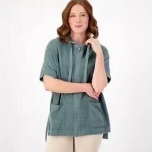 NWT Barefoot Dreams Cozy Chic Lite Short Sleeve Zip Up Hoodie Blue Spruce L/XL